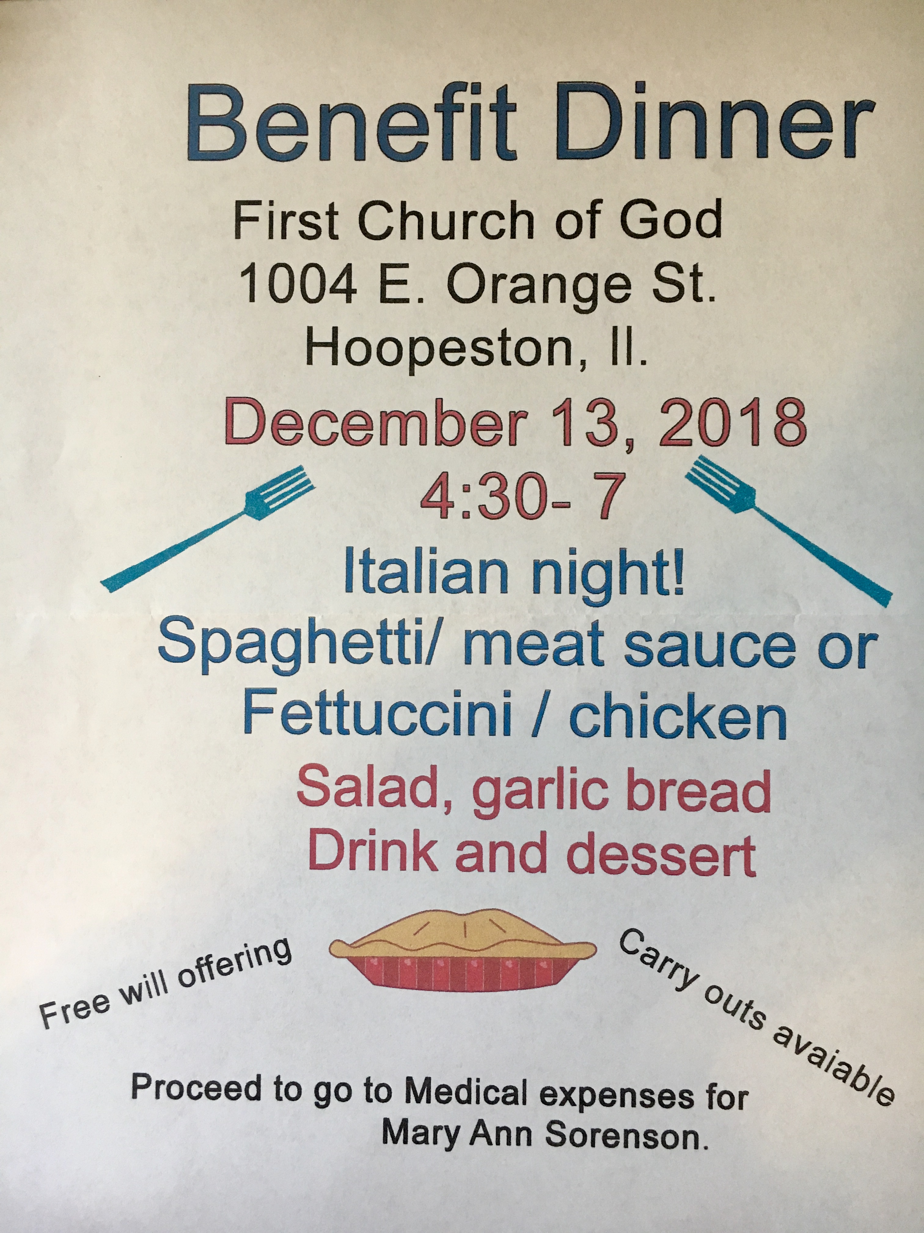 Benefit Spaghetti Dinner – Hoopeston Church